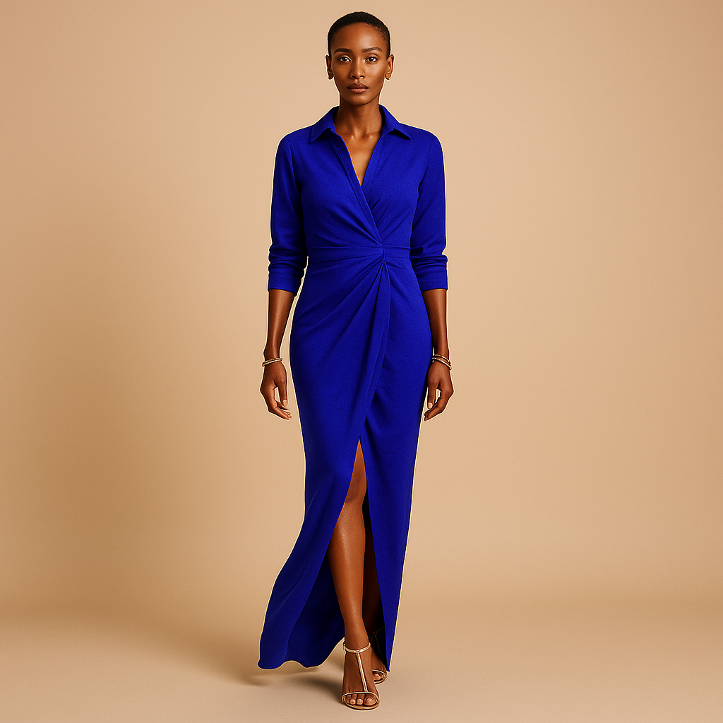 A-line spring dress with V-neck and mid-length sleeves for women