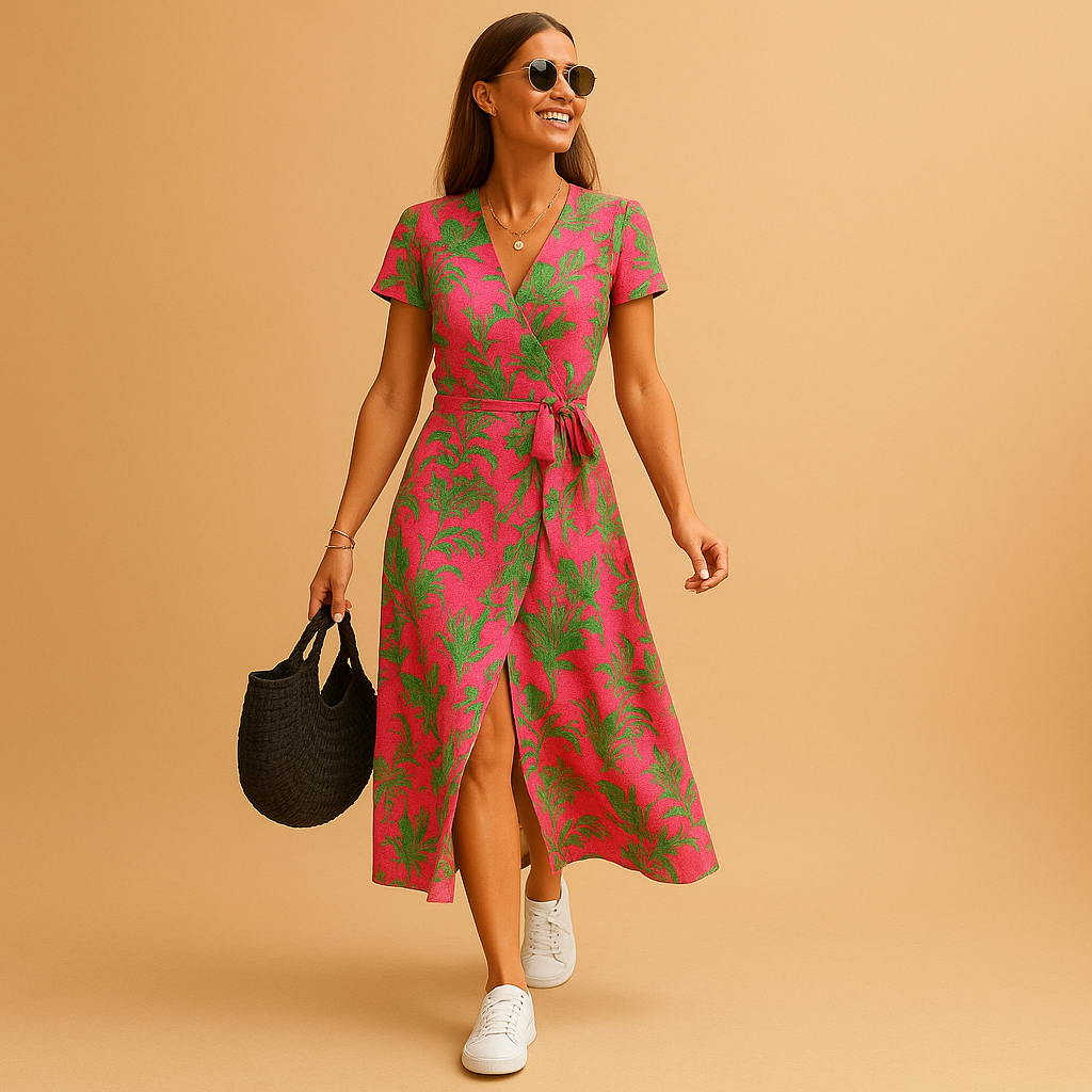 A-line summer dress with puff sleeves and button details for women