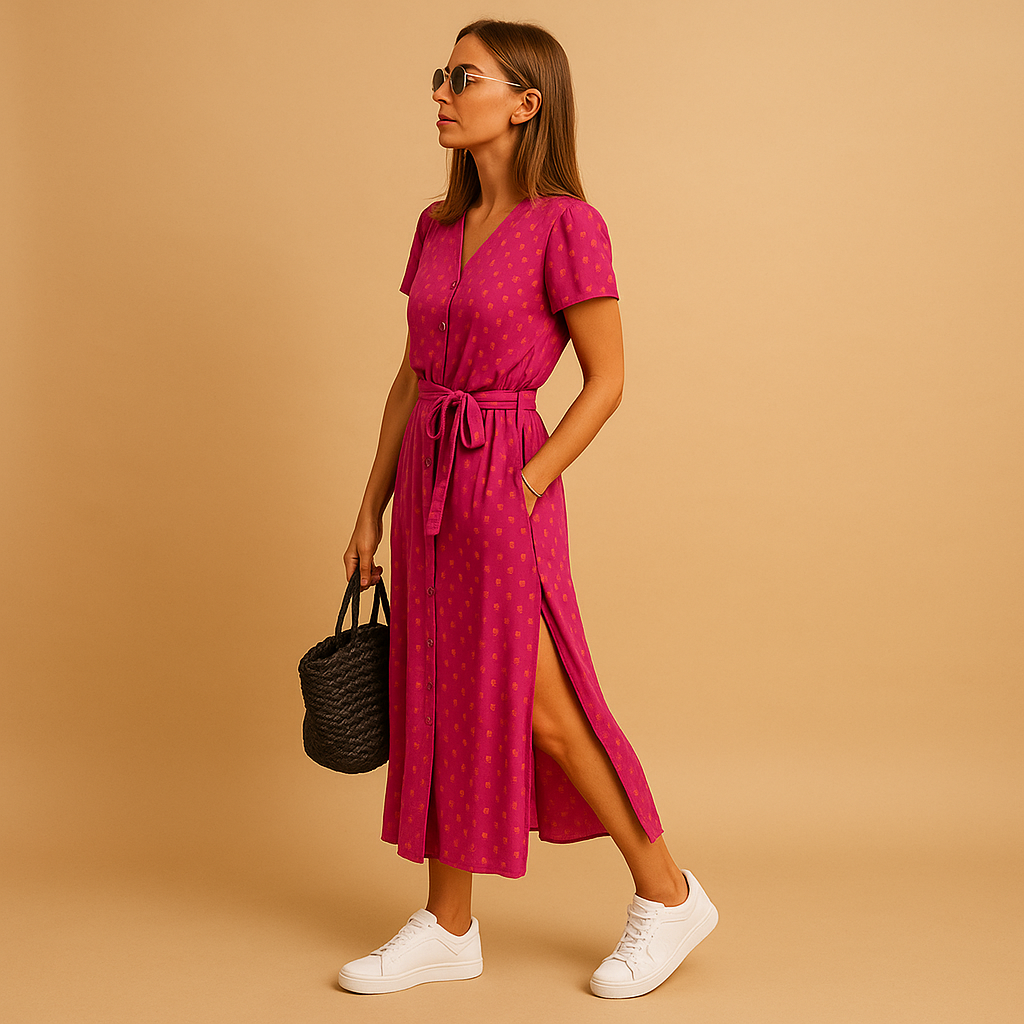 A-line summer dress with puff sleeves and button details for women