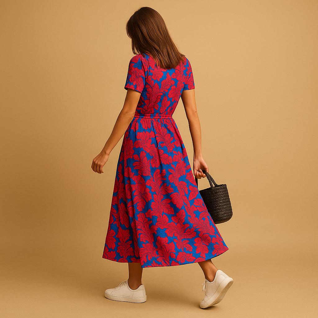 A-line summer dress with puff sleeves and button details for women