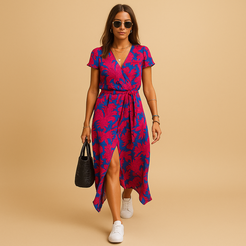 A-line summer dress with puff sleeves and button details for women