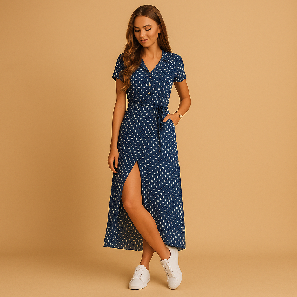 A-line summer dress with puff sleeves and button details for women