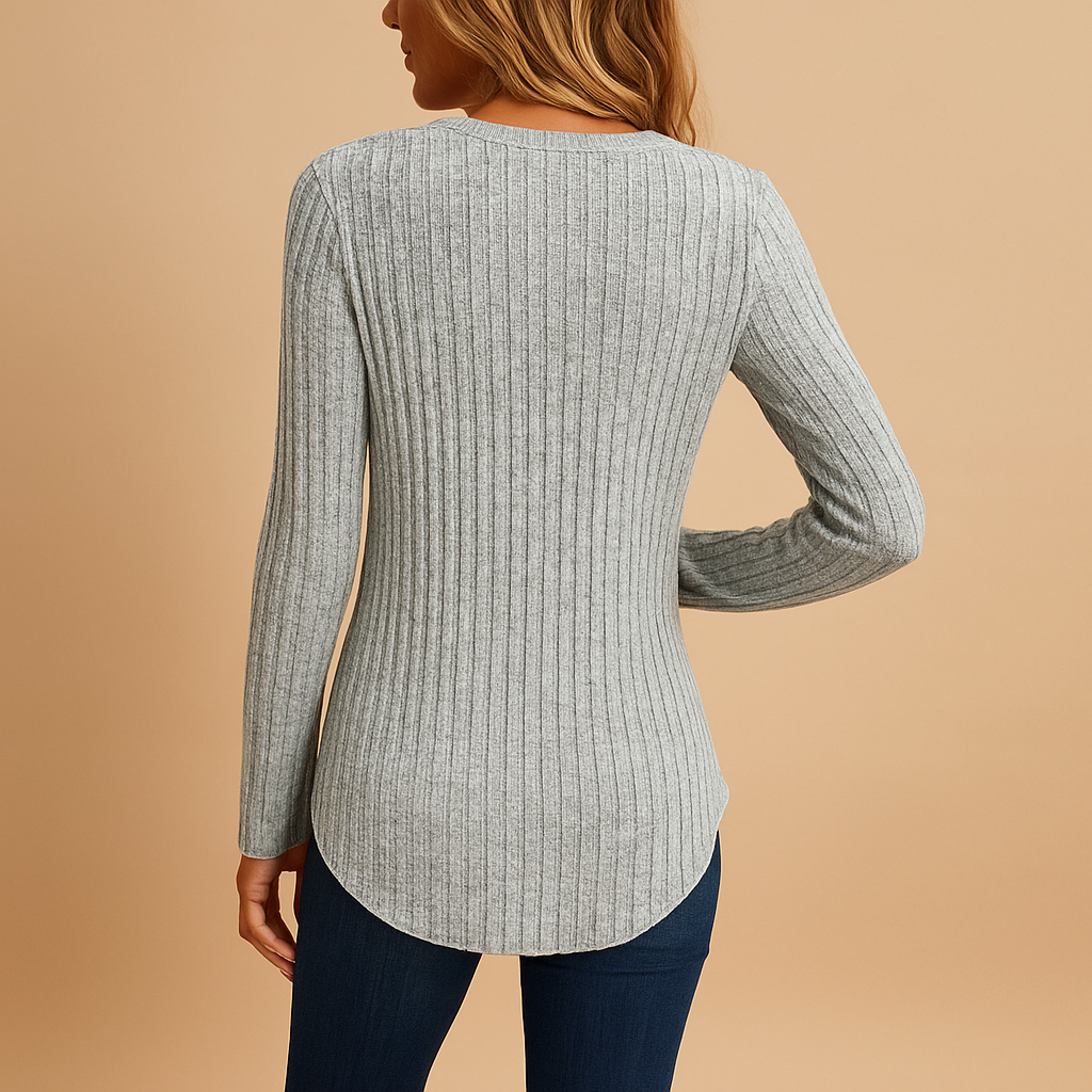 Ribbed top with V-neck and button details for women