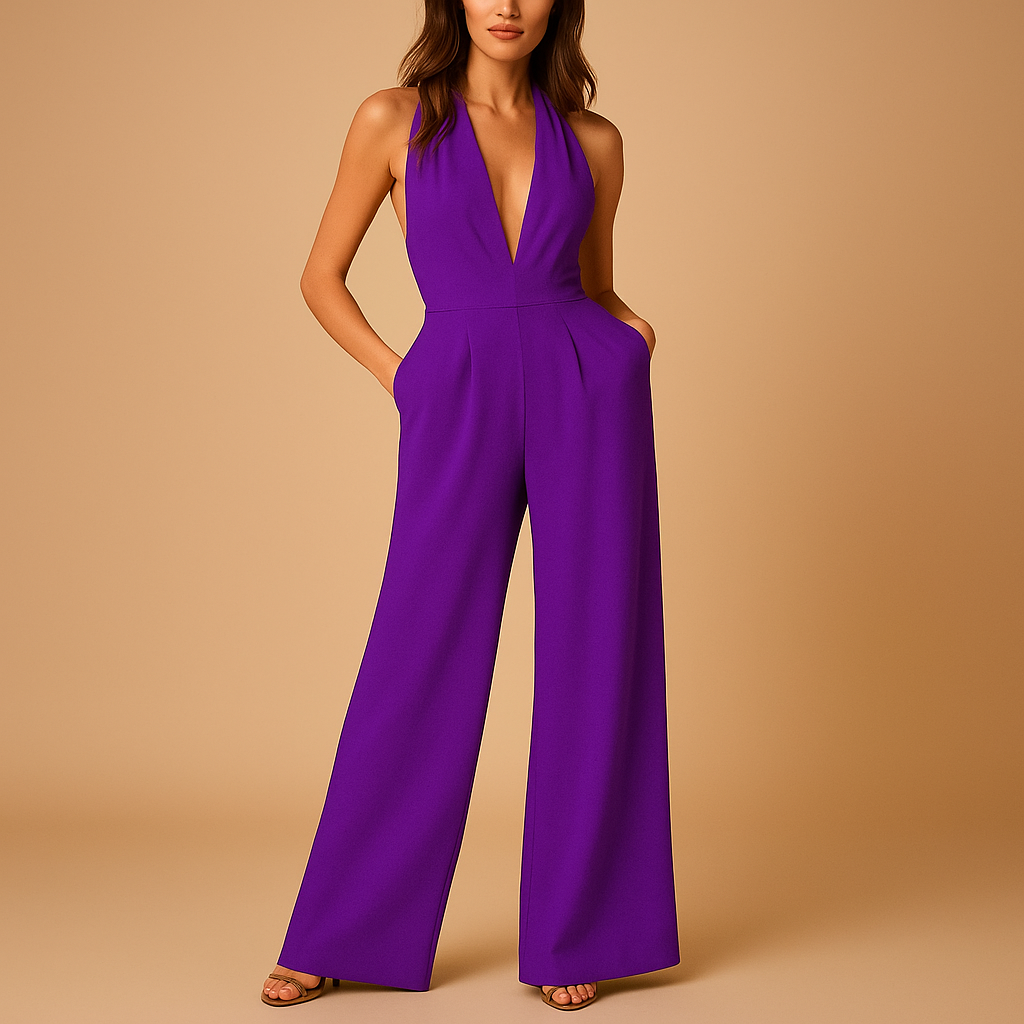 Backless sleeveless jumpsuit with V-neck for women