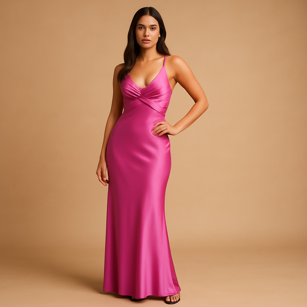 Ladies' sleeveless satin evening dress with halter neck