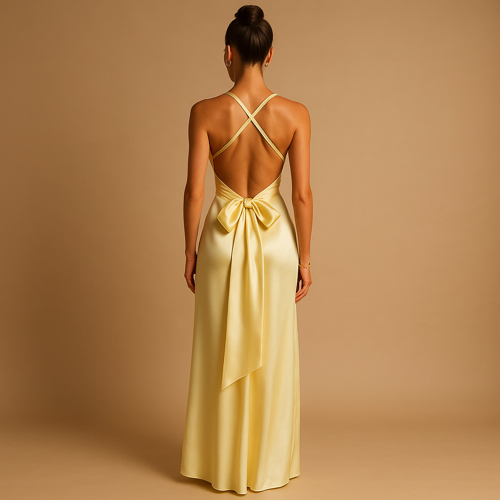 Ladies' sleeveless satin evening dress with halter neck