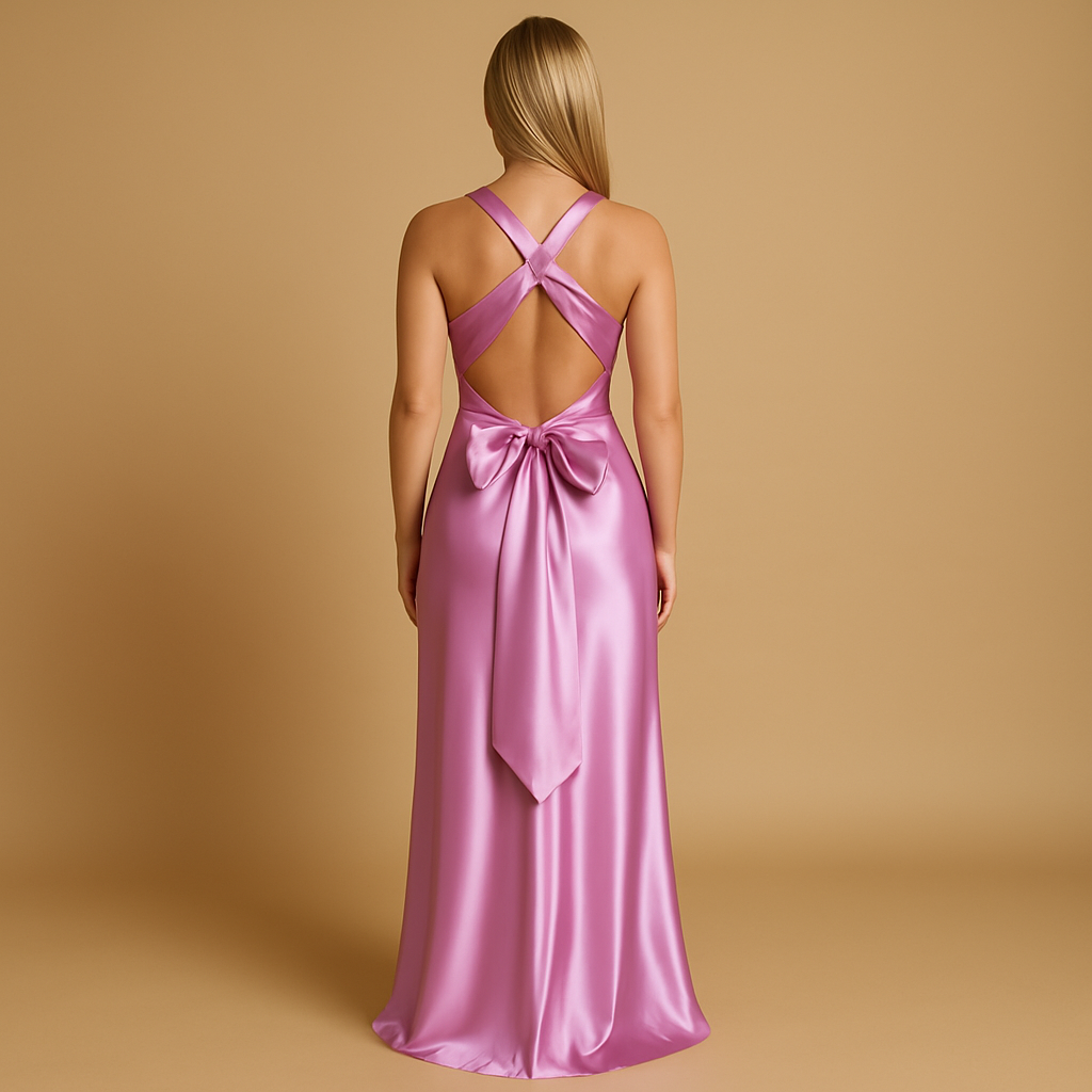 Ladies' sleeveless satin evening dress with halter neck