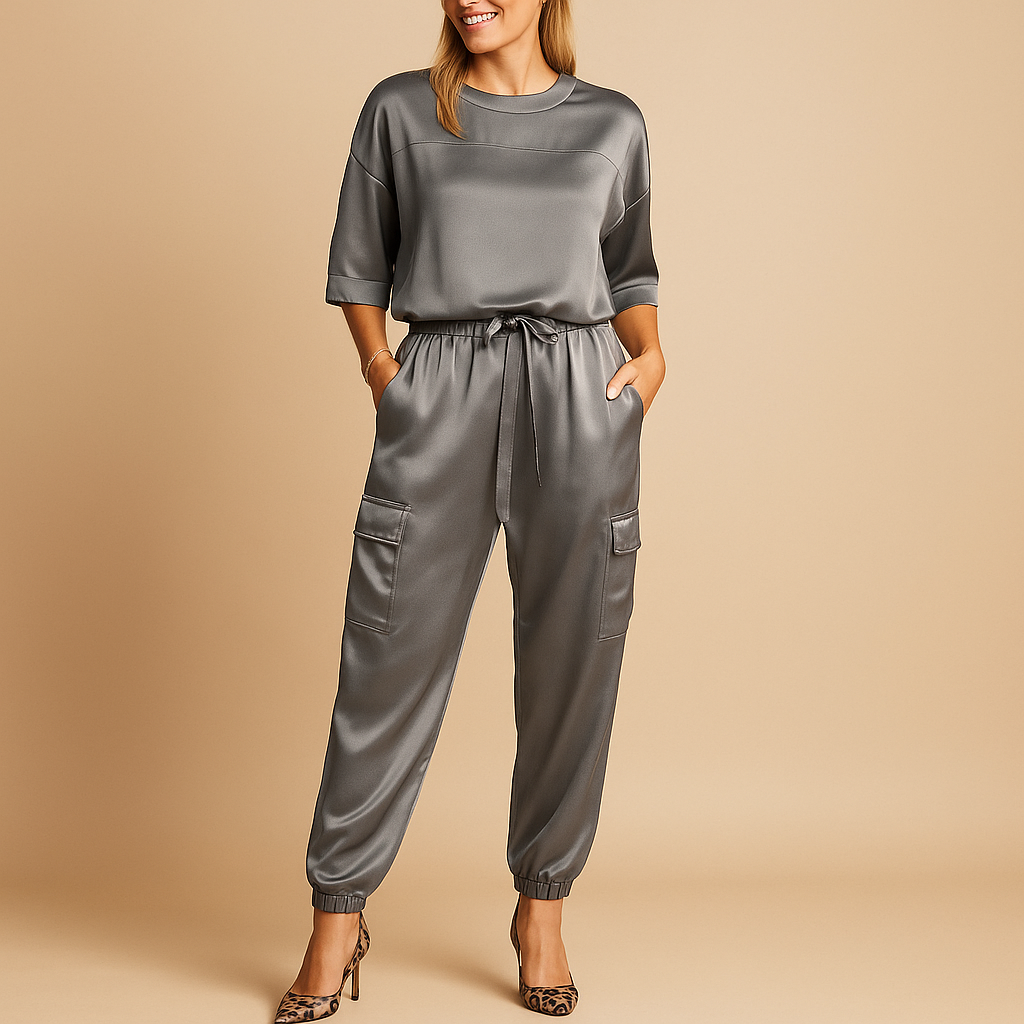 Satin two-piece set with half-sleeve top for women