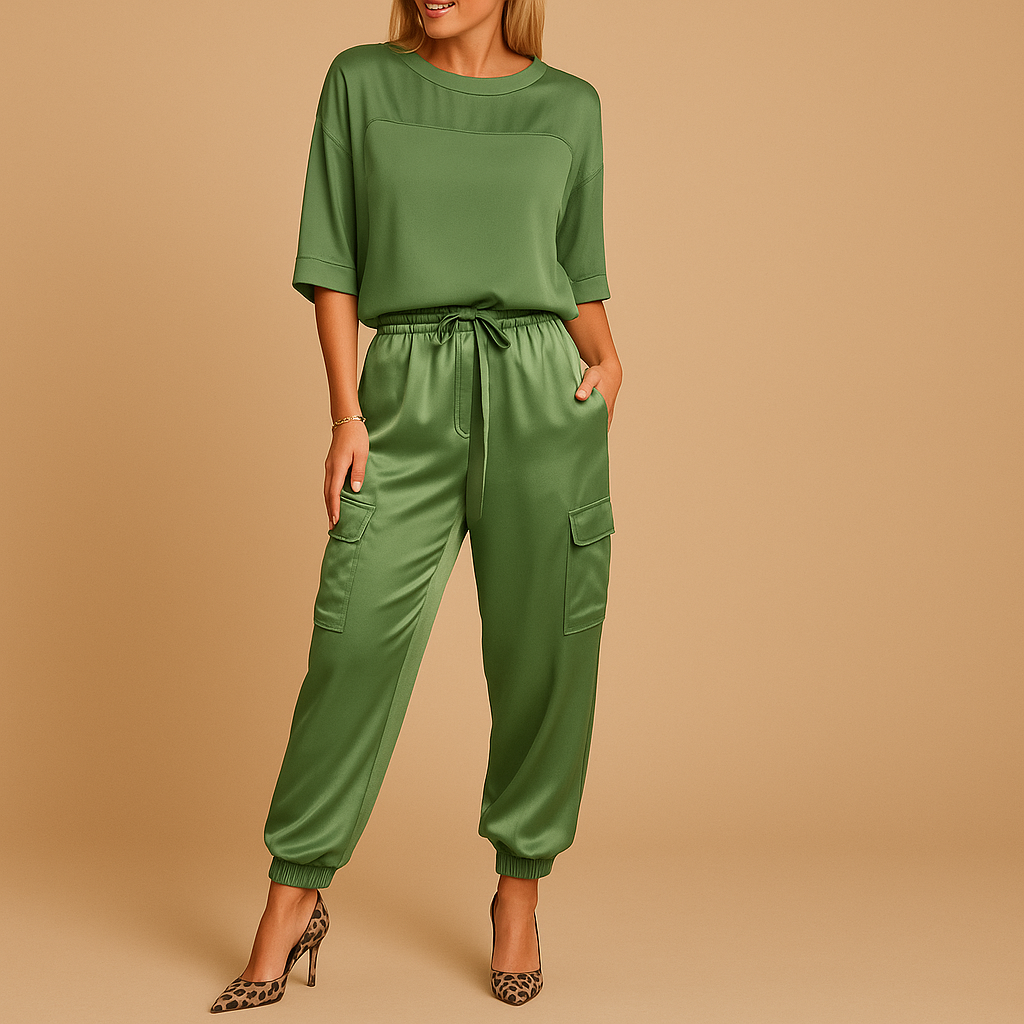 Satin two-piece set with half-sleeve top for women