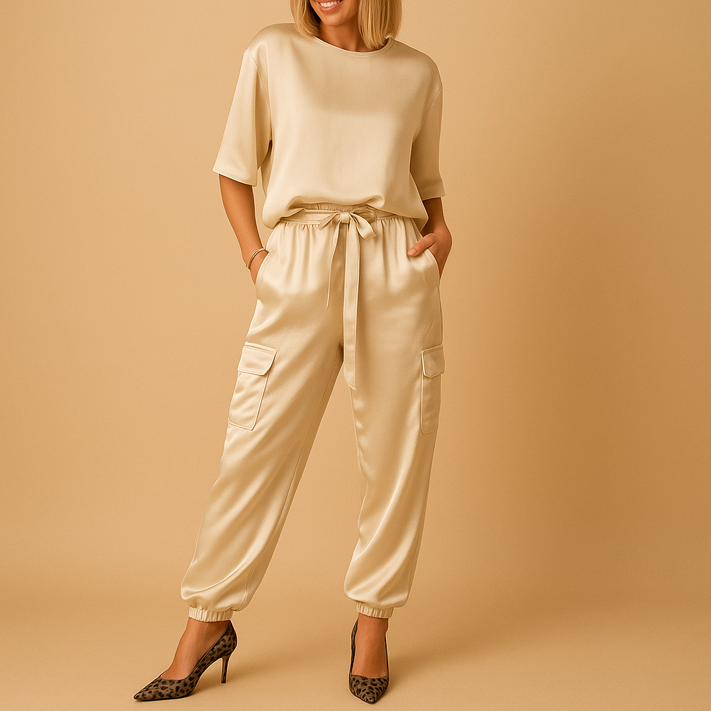 Satin two-piece set with half-sleeve top for women