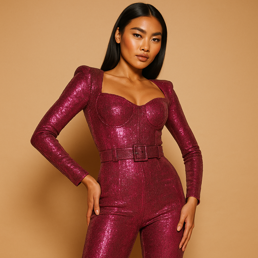 Shiny party jumpsuit with long sleeves for ladies
