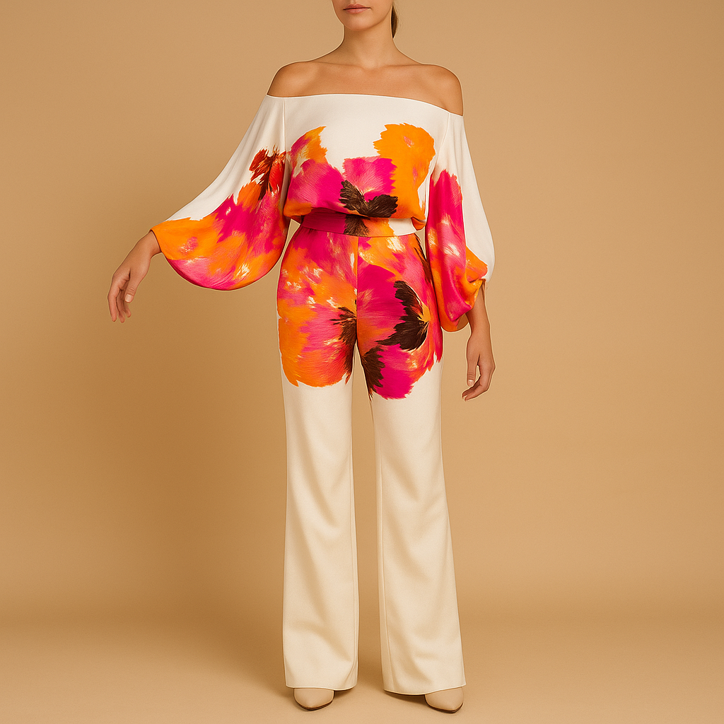 Two-piece summer outfit with off-shoulder top for women