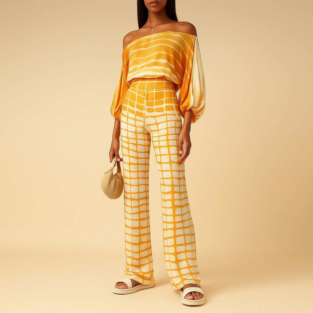 Two-piece summer outfit with off-shoulder top for women