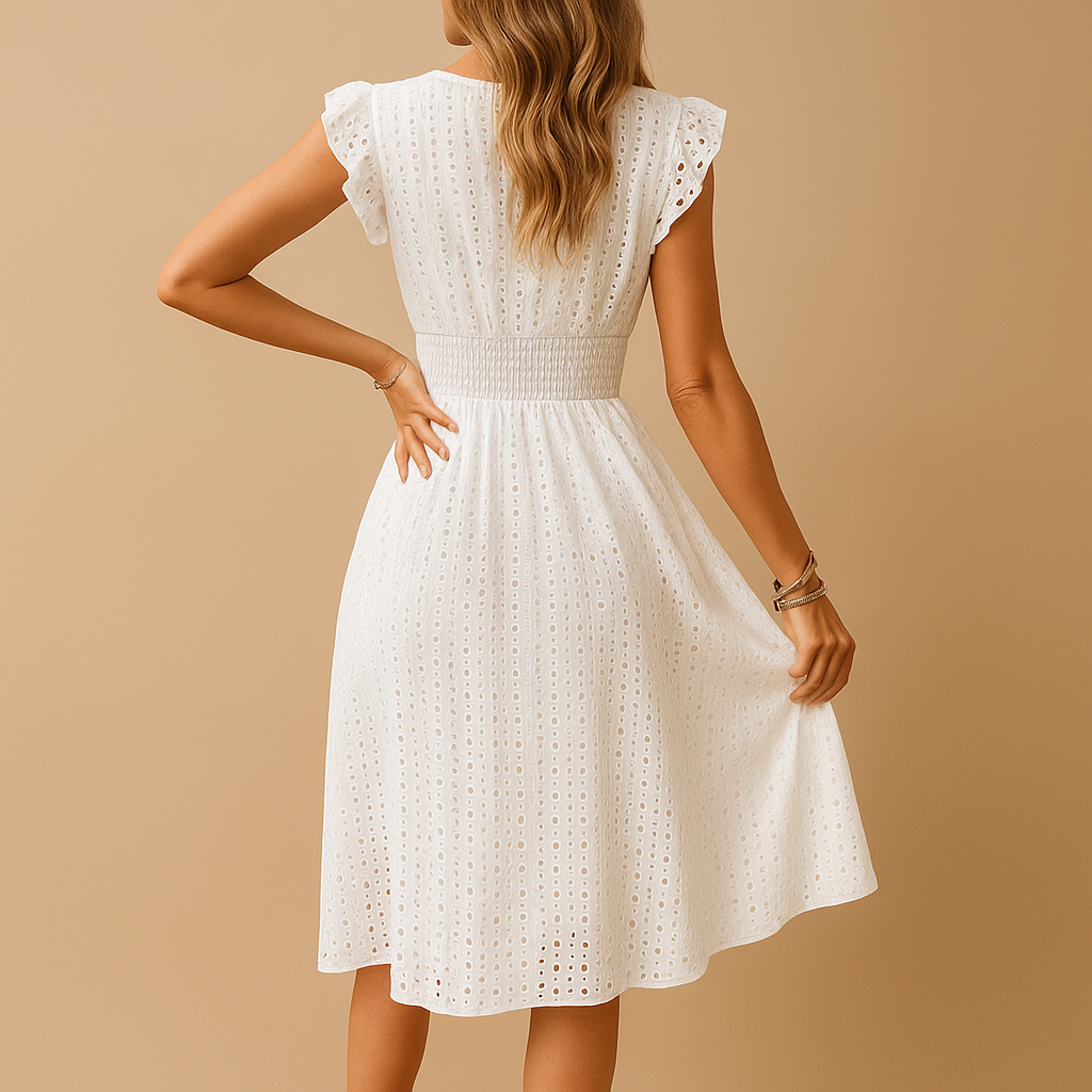 White midi summer dress with ruffles for women