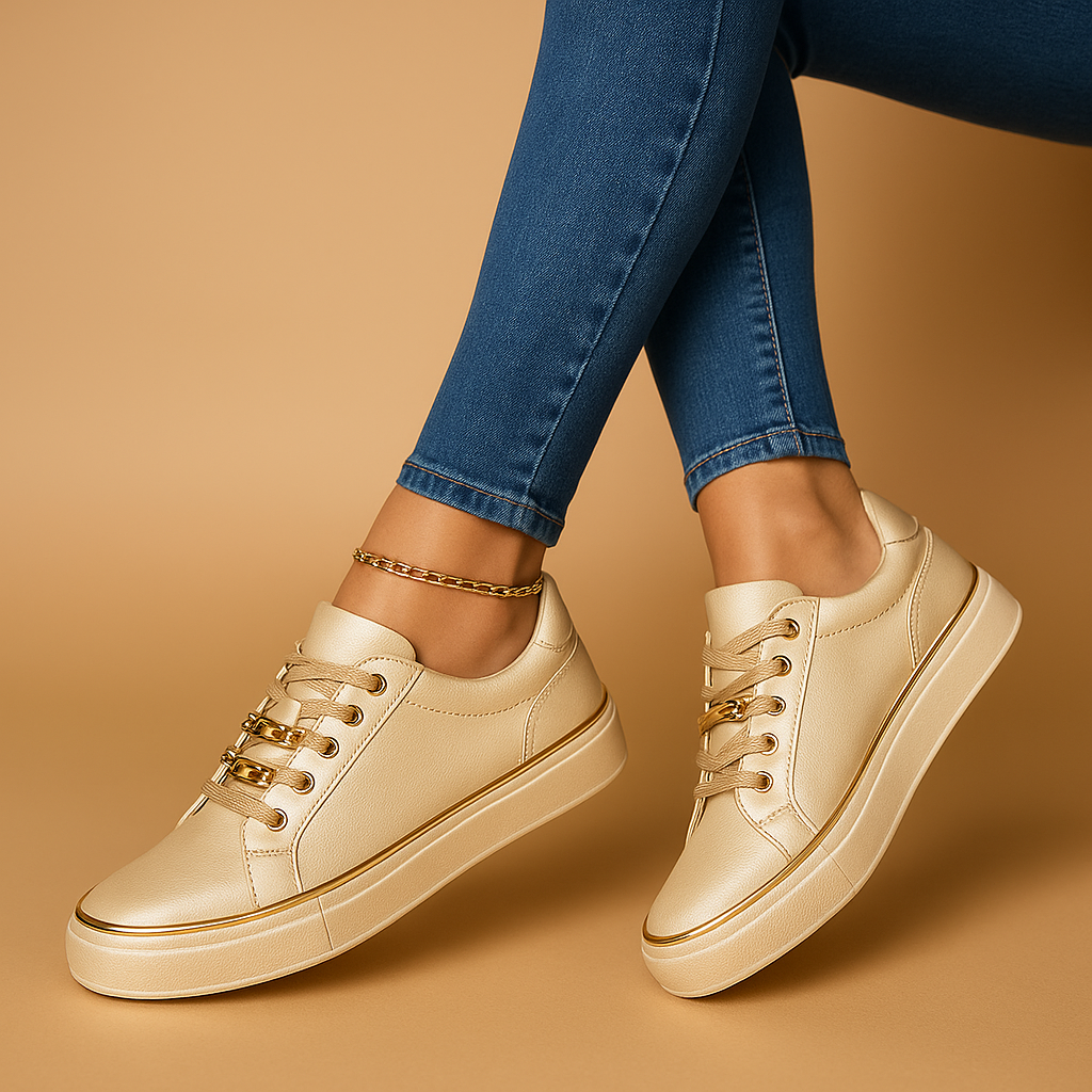White sneakers with gold detail for women