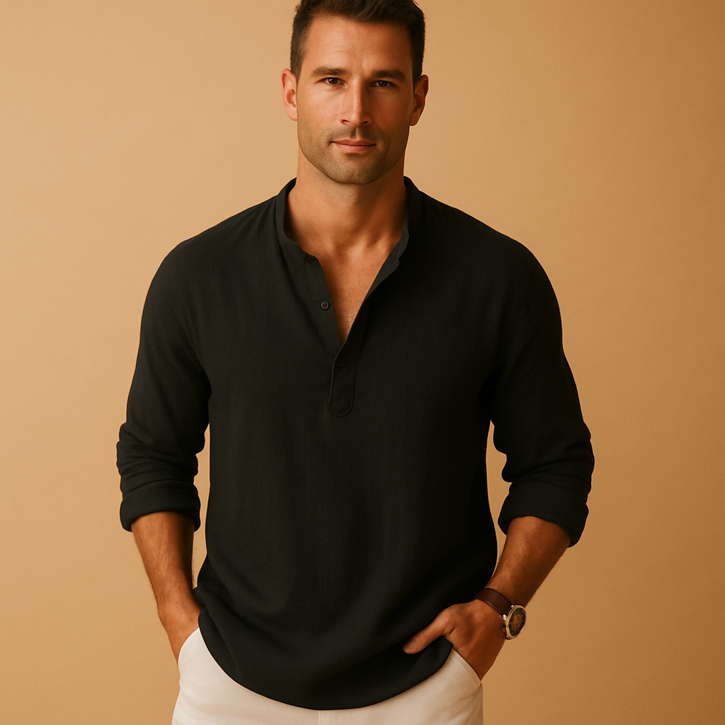 Men's long-sleeved summer shirt with V-neck