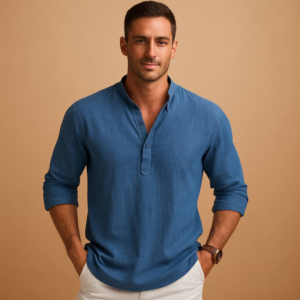 Men's long-sleeved summer shirt with V-neck
