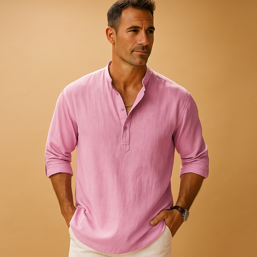 Men's long-sleeved summer shirt with V-neck