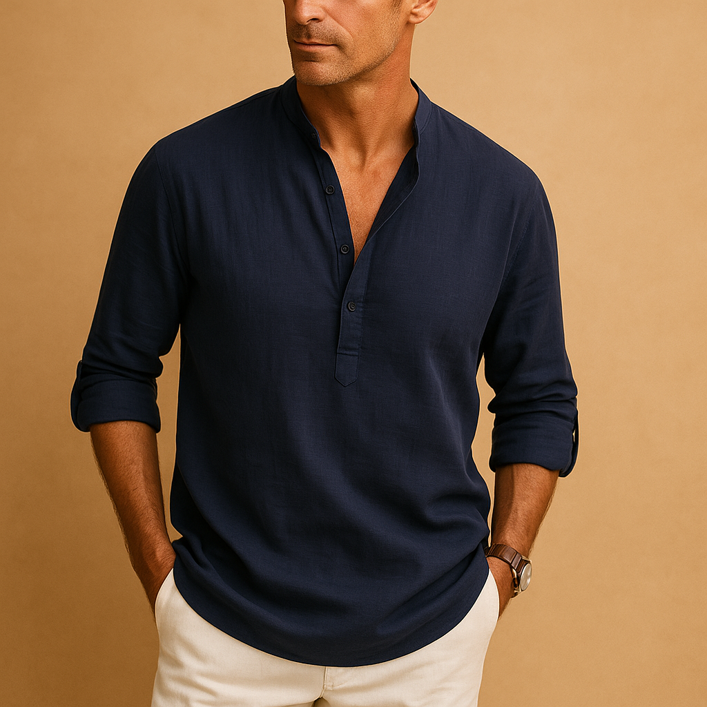 Men's long-sleeved summer shirt with V-neck