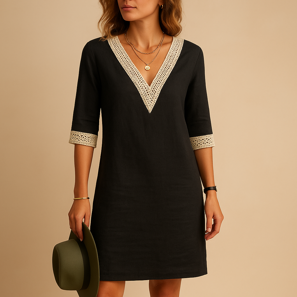 Summer dress with V-neck and lace details for women