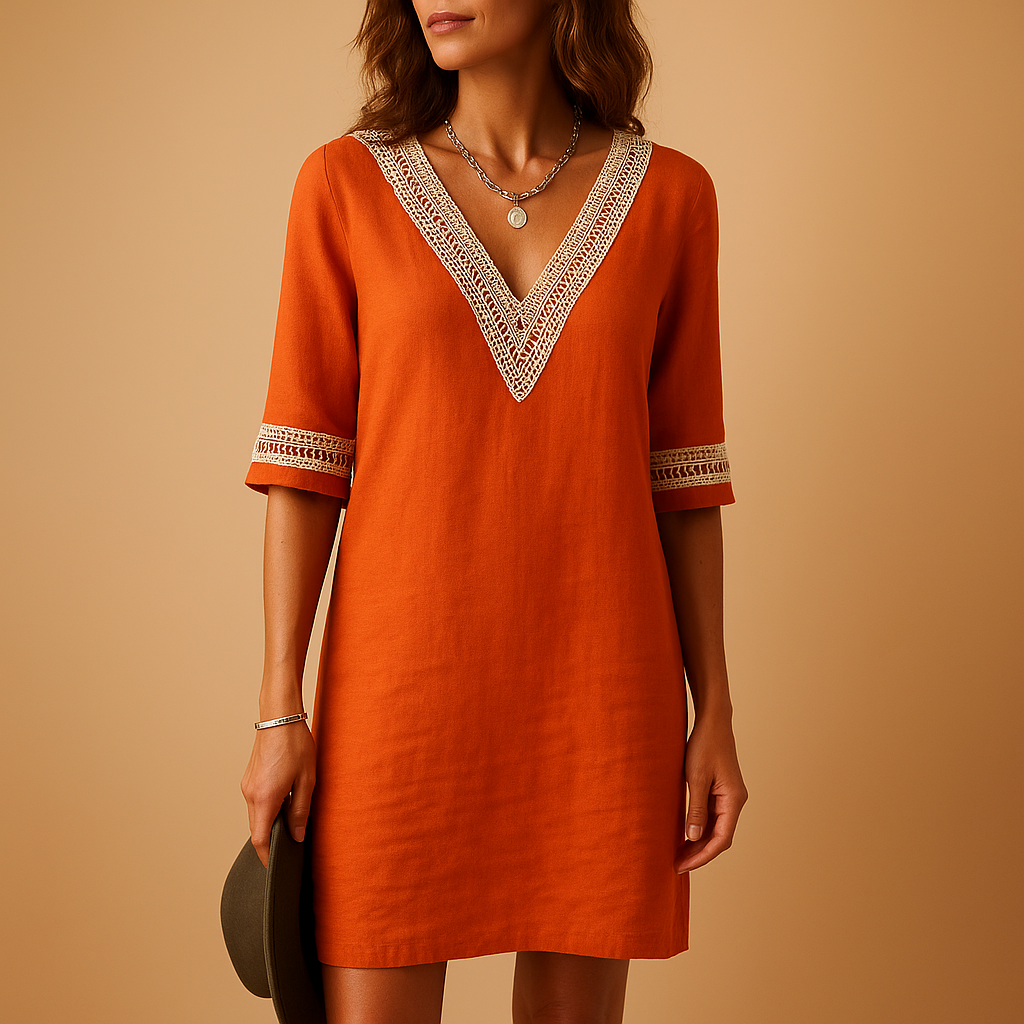 Summer dress with V-neck and lace details for women