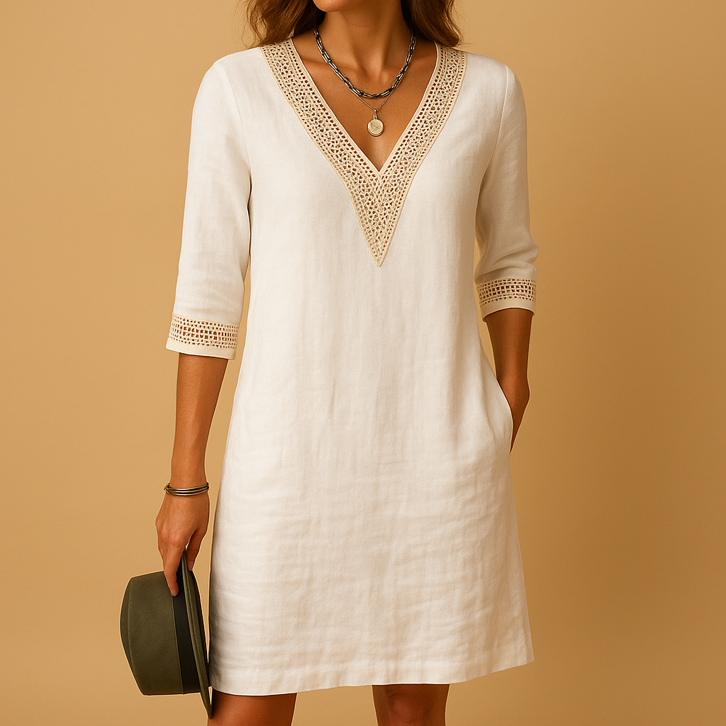 Summer dress with V-neck and lace details for women