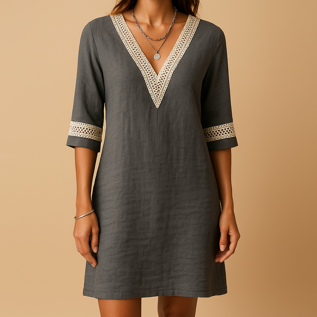 Summer dress with V-neck and lace details for women