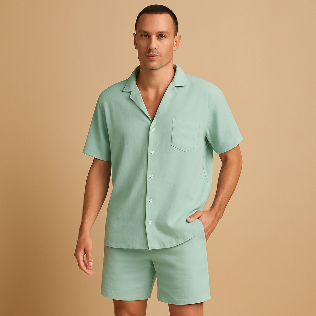Summer men's set with V-neck shirt and comfortable shorts for men