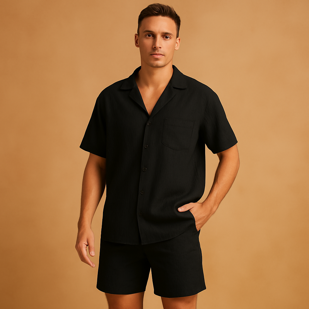 Summer men's set with V-neck shirt and comfortable shorts for men