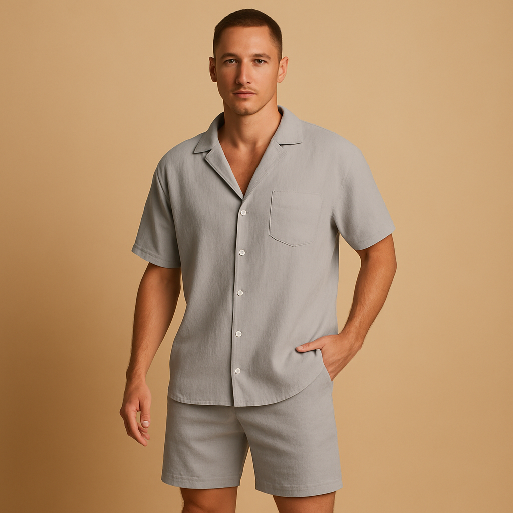 Summer men's set with V-neck shirt and comfortable shorts for men