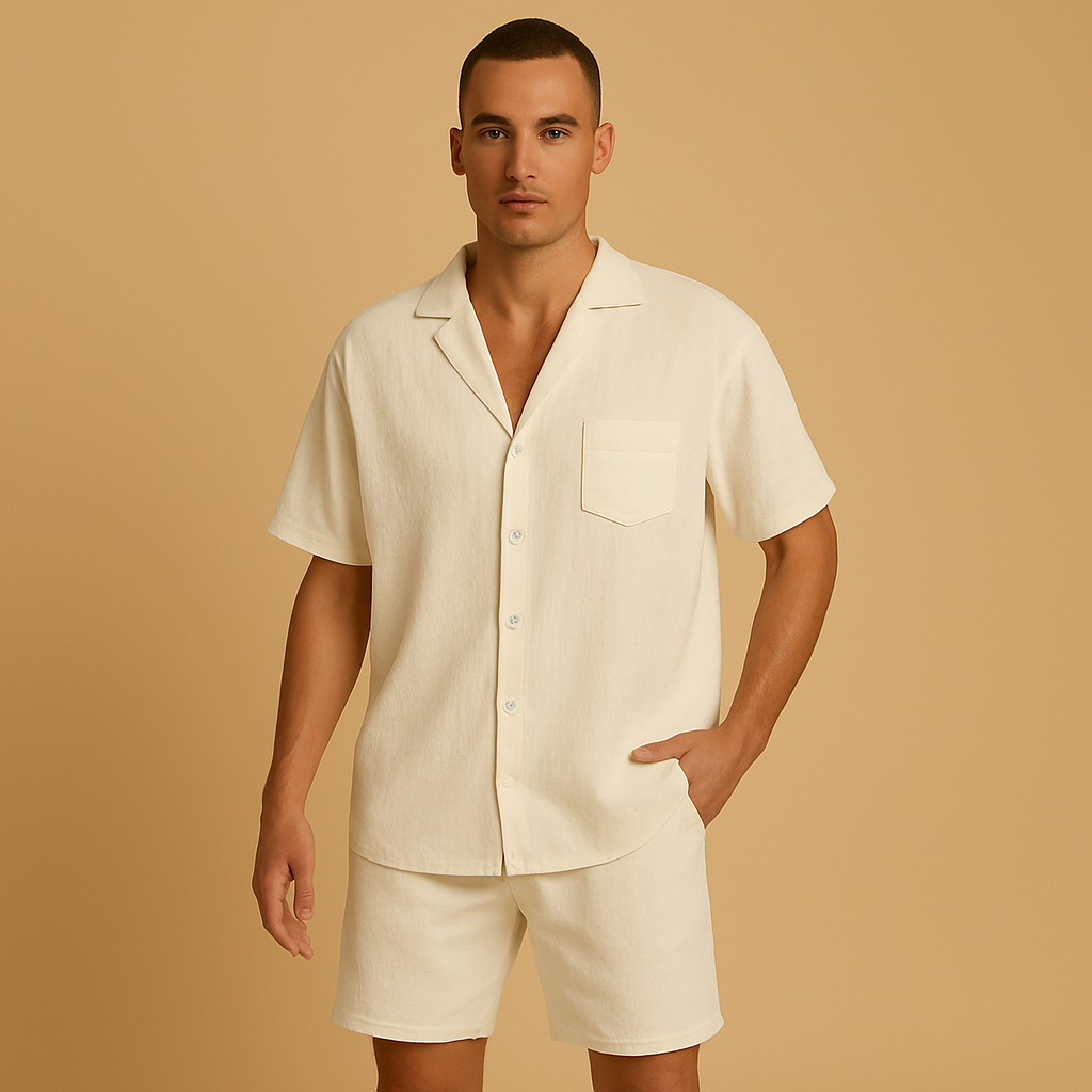 Summer men's set with V-neck shirt and comfortable shorts for men