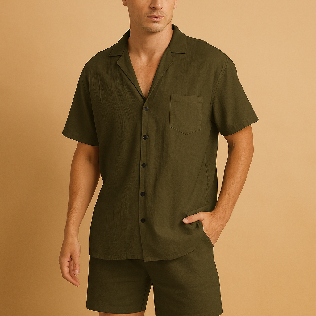 Summer men's set with V-neck shirt and comfortable shorts for men