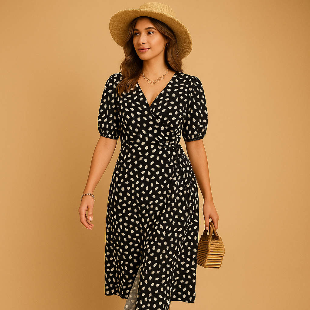 Summer V-neck dress with polka dot print for women