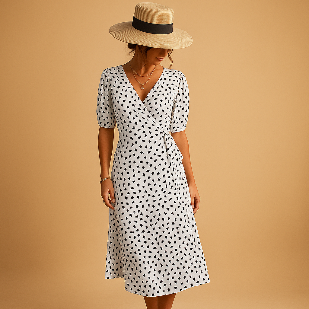 Summer V-neck dress with polka dot print for women