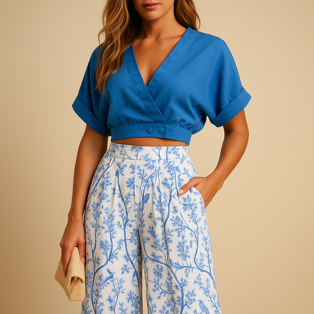Summer set with floral print and wide pants for women