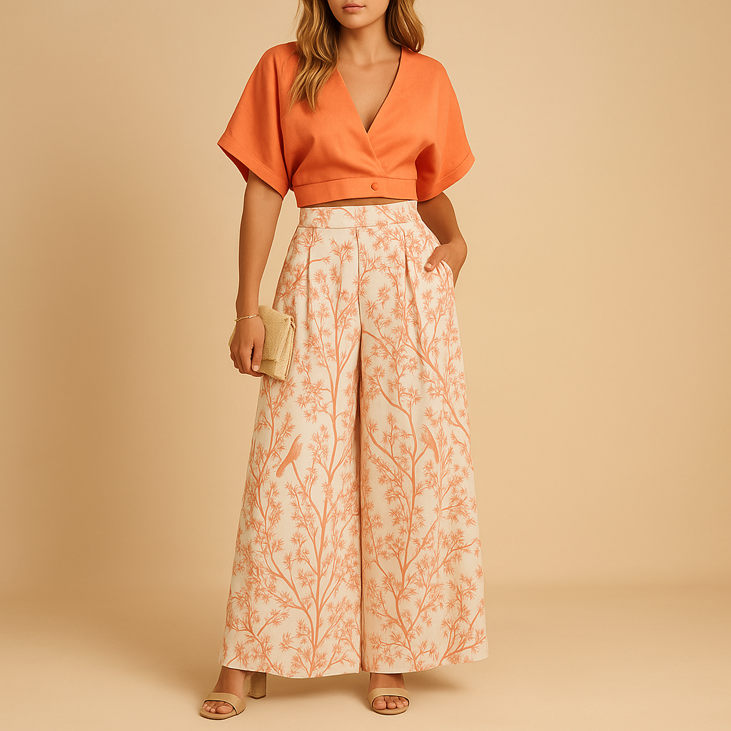 Summer set with floral print and wide pants for women