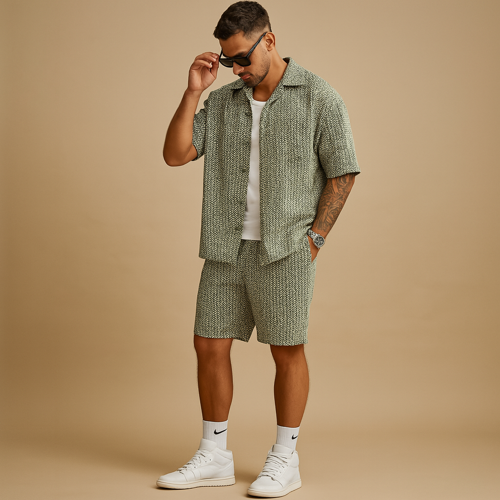 Summer set with geometric print and elastic waist for men