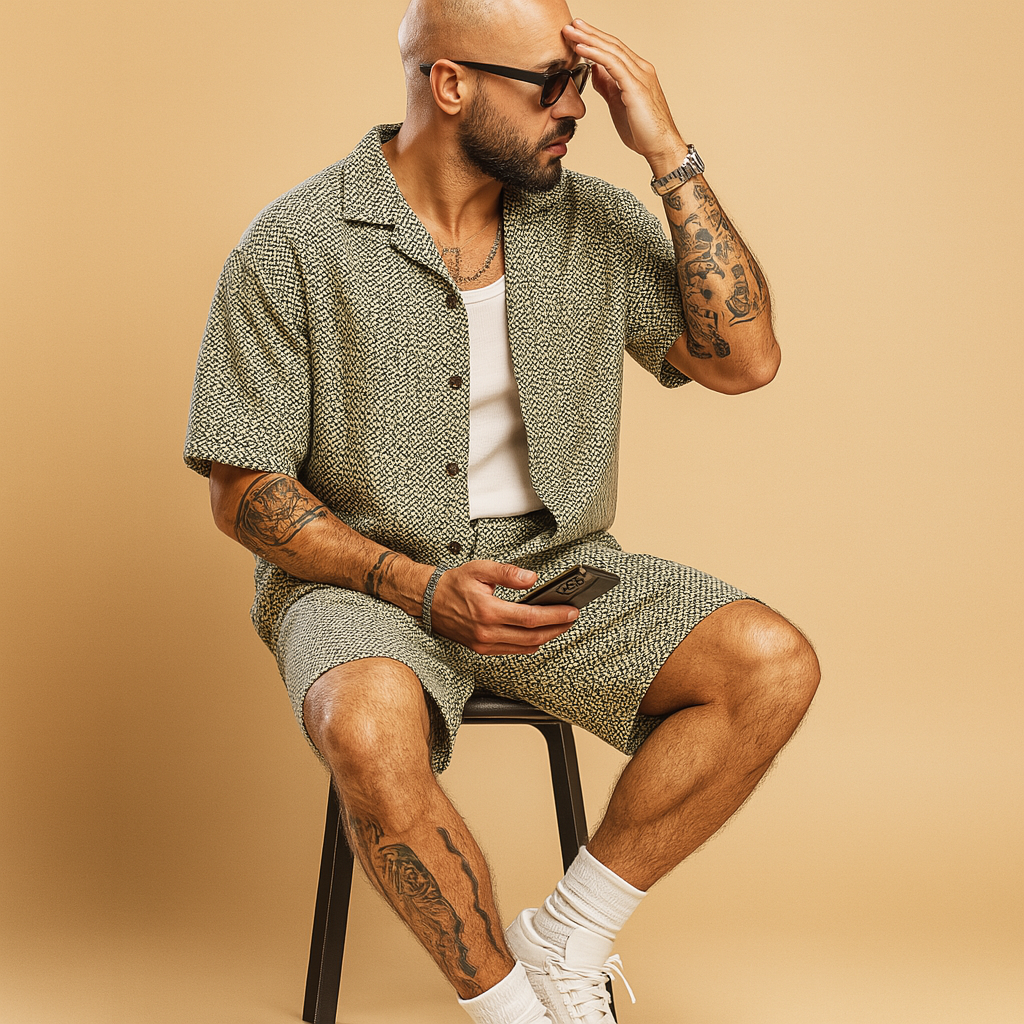 Summer set with geometric print and elastic waist for men