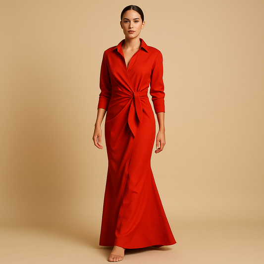 A-line spring dress with V-neck and mid-length sleeves for women