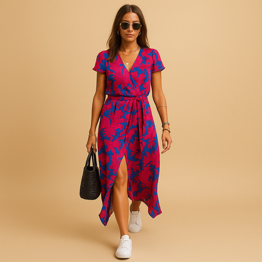 A-line summer dress with puff sleeves and button details for women