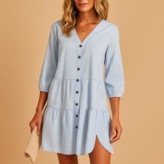 Stylish blue midi summer dress with three-quarter sleeves for women
