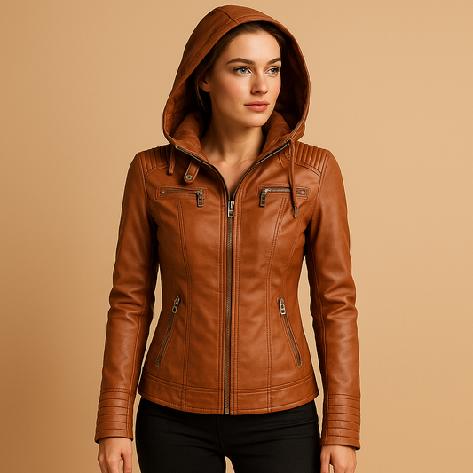 PU leather hooded summer coat for women