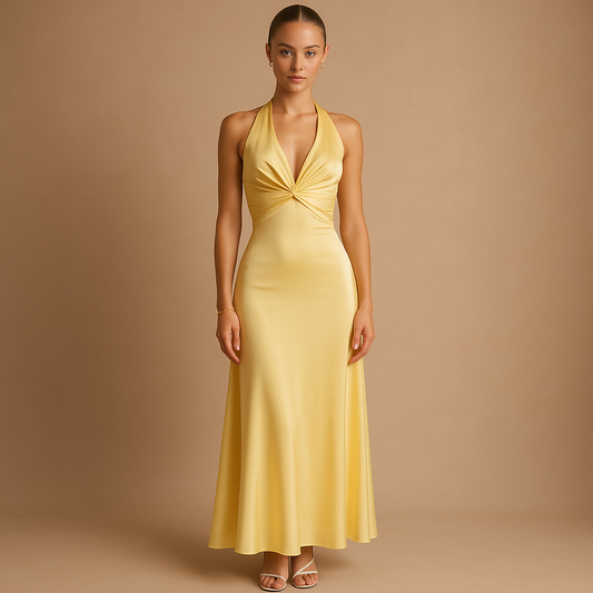 Ladies' sleeveless satin evening dress with halter neck