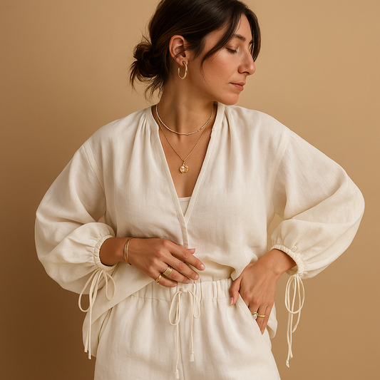 V-neck top and shorts with ruffles for women