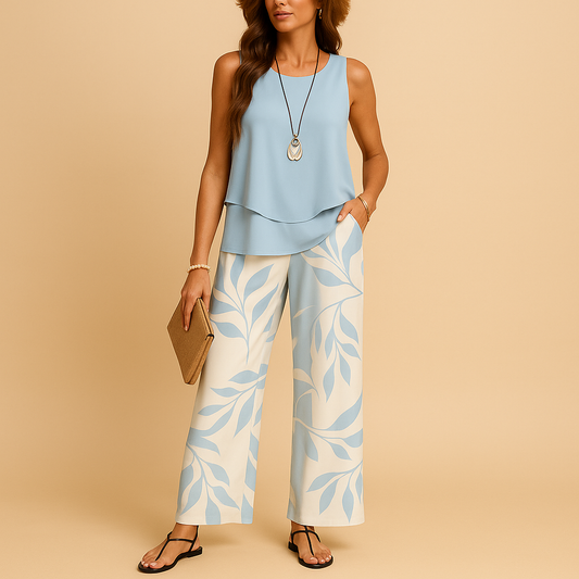 Two-piece summer set with sleeveless top and breezy pants for women