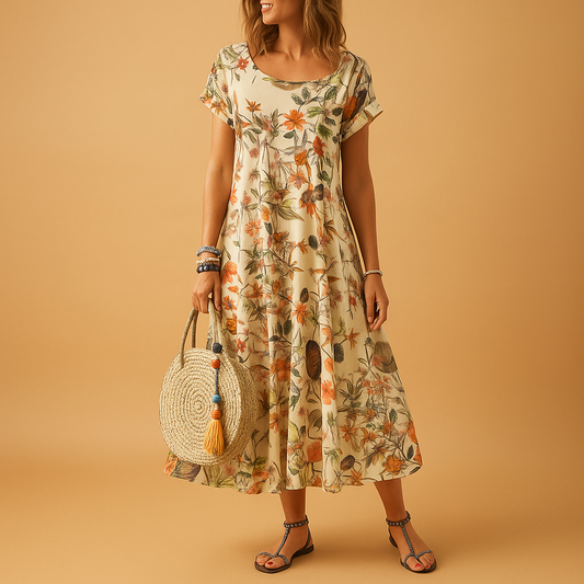 Vintage floral dress with boat neck and short sleeves for women