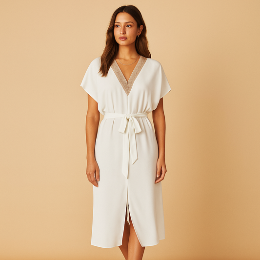 White midi dress with V-neck and minimalist design for women