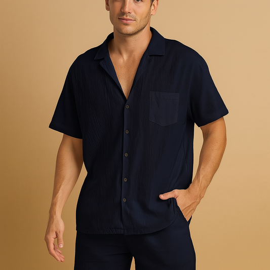 Summer men's set with V-neck shirt and comfortable shorts for men