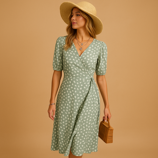 Summer V-neck dress with polka dot print for women