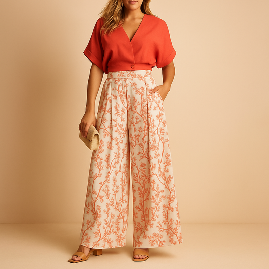 Summer set with floral print and wide pants for women